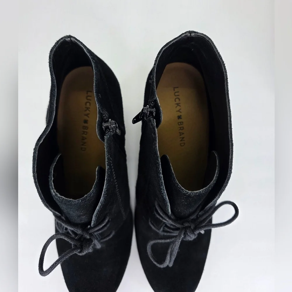 Lucky Brand Ankle Booties Shylow Women’s Black Wedge Suede Lace Up Zip Size 10M‎